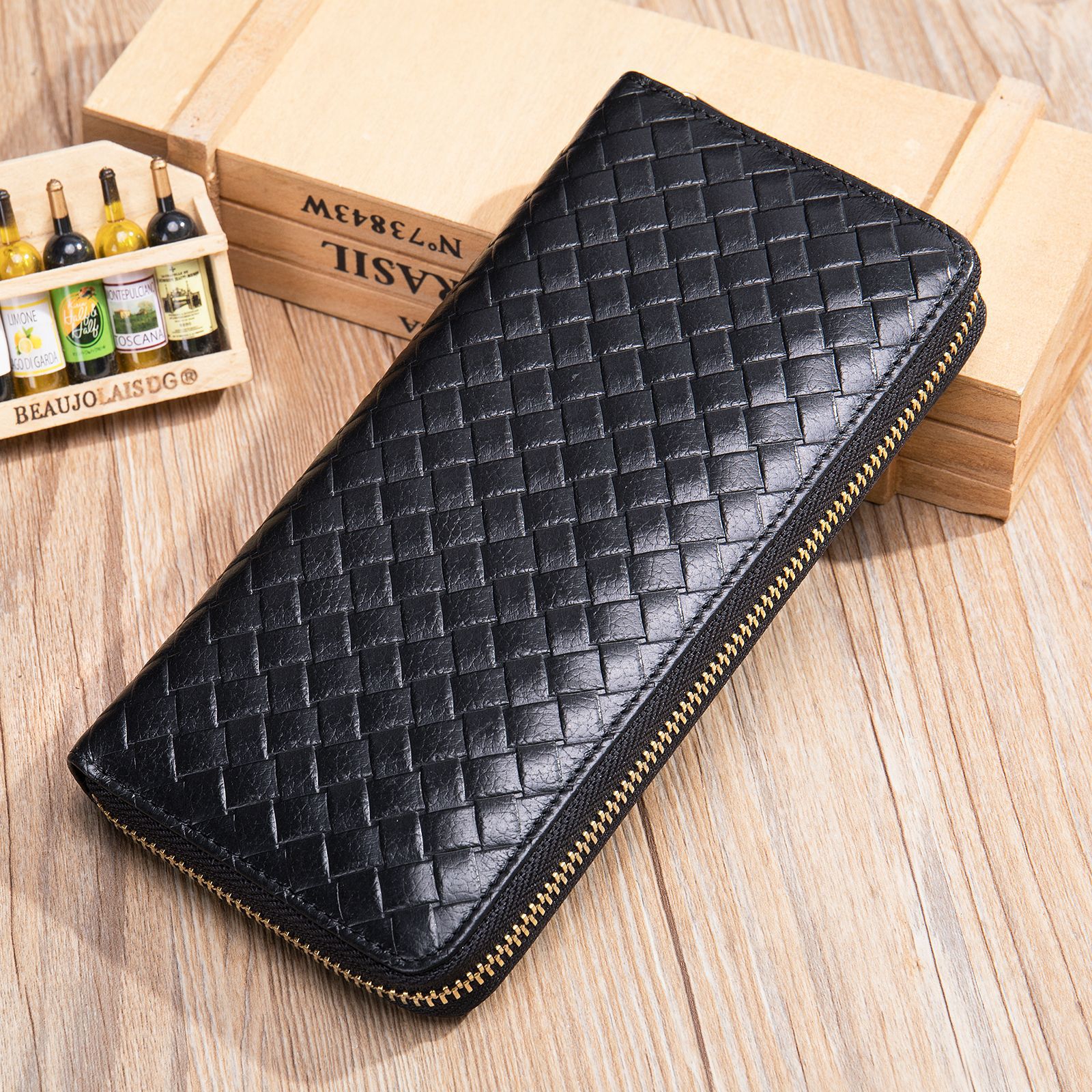 Men's Genuine Leather Weave Pattern Long Wallet Card Holder Coin Purse Mobile Phone Bag | ARKGET