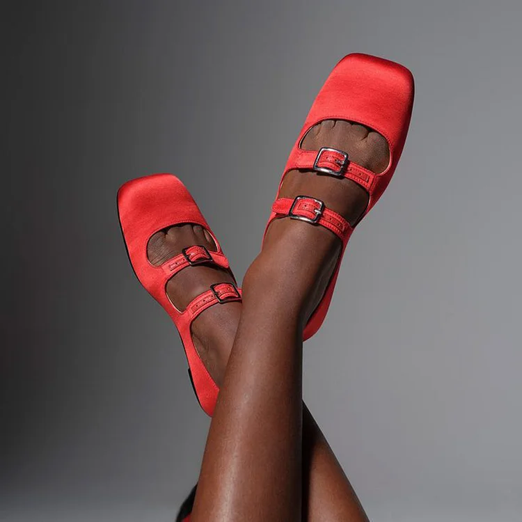 Women'S Square Toe Flat Shoes Classic Satin Buckle Pumps Summer Dancing Flats |FSJ Shoes