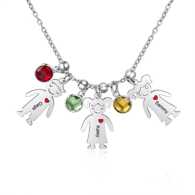 Mother Necklace with 3 Birthstones and Engraved Children Charms