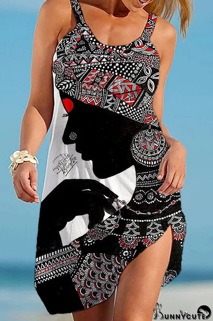 Black White Sexy Casual Print Basic O Neck Sleeveless Dress