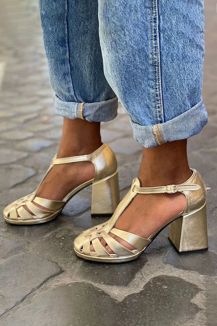 Hollow Out T-Strap Sandals Round Toe Chunky Heels