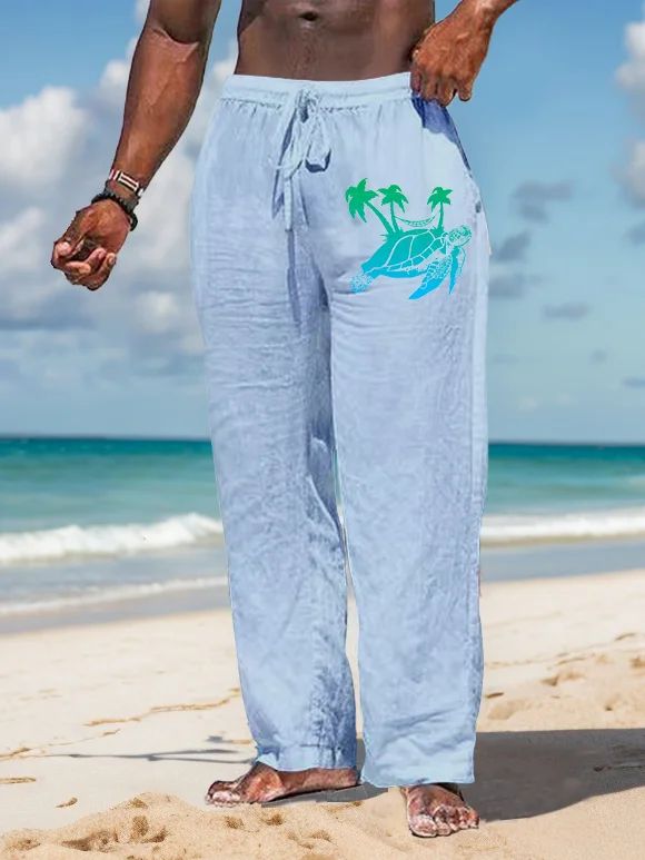 Suitmens Men's Turtle Coconut Tree Pattern Cotton And Linen Trousers