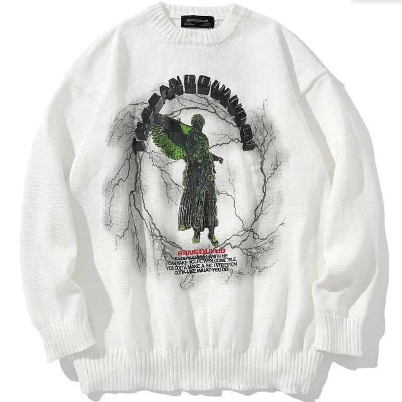 Aonga Hip Hop Knitted Men's Sweater Male Angel Lightning Printed Streetwear Autumn Winter Oversized Casual Pullover Sweaters