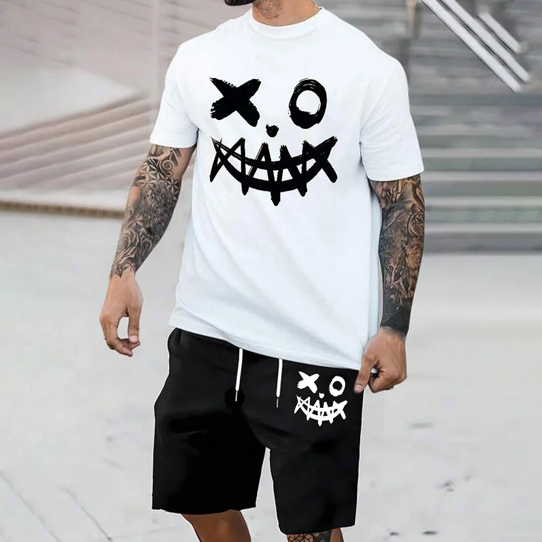 Evil Emoji White T-shirt and Black Shorts Printed Suit