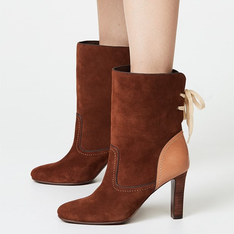 Brown Back Lace up Suede Boots Round Toe Chunky Heel Ankle Booties |FSJ Shoes