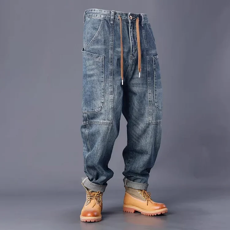 TIMSMEN Loose Straight-leg Washed Denim Distressed Multi-pocket Cargo Jeans