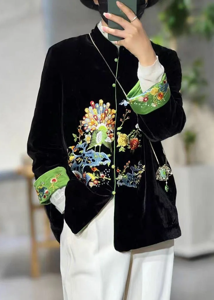 Chinese Style Black Stand Collar Embroideried Patchwork Velour Coats Fall