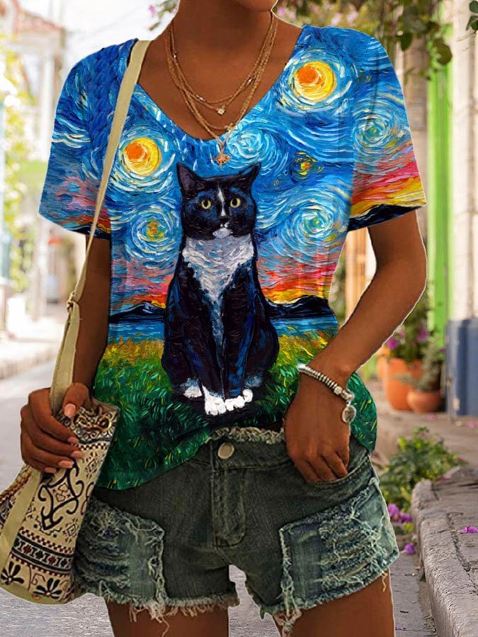Van Gogh V-Neck Night Oil Painting Cat Print T-Shirt socialshop