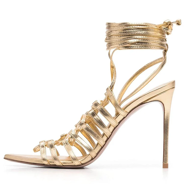 FSJ Gold Pointed Toe Prom Heels Lace-up Ankle Tie Gladiator Sandals |FSJ Shoes