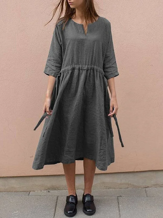 Women's Loose Round Neck Tie Up Solid Color Linen Dress