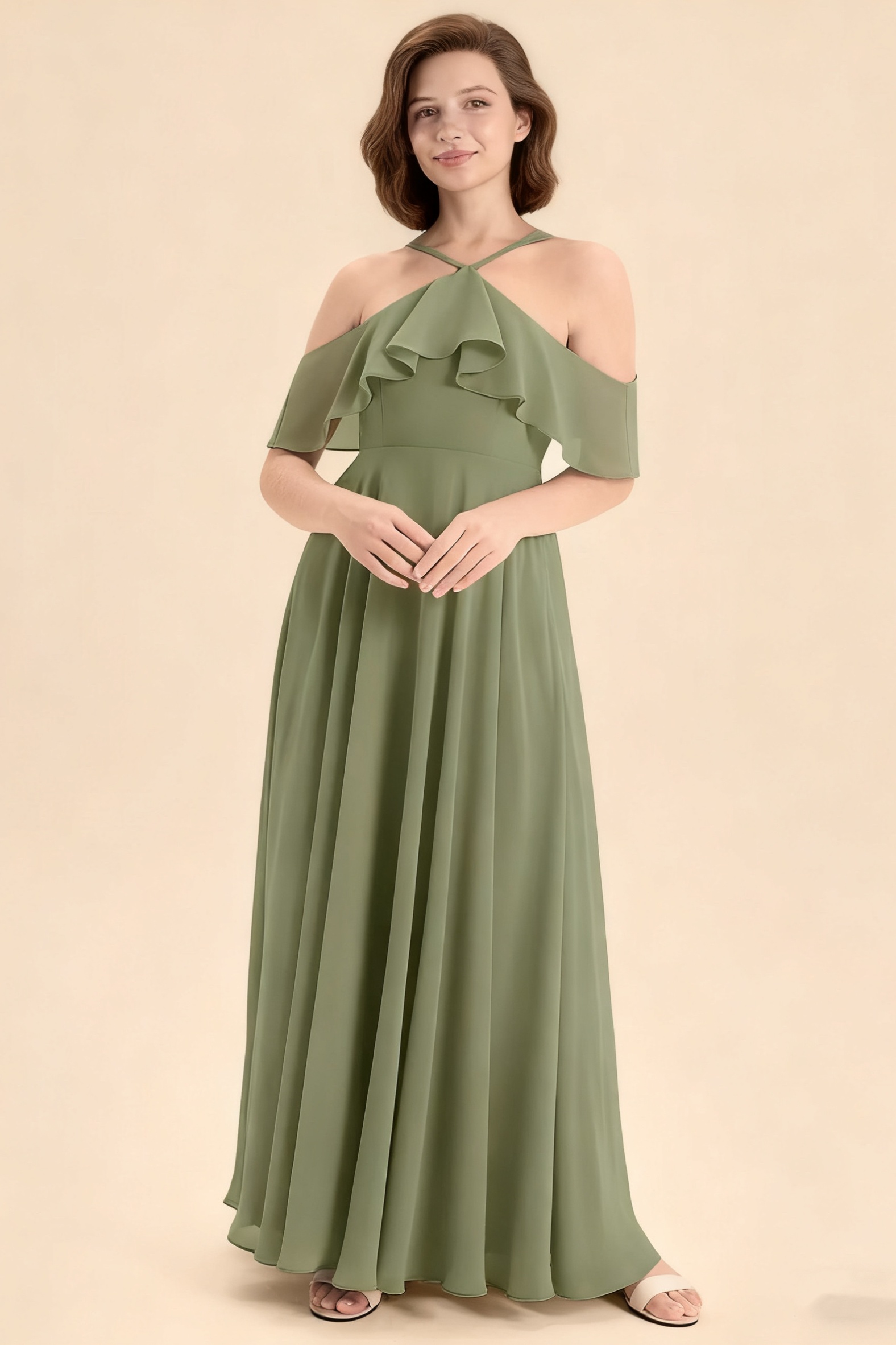 Daisda Halter Straps Sleeveless Pleated Off Shoulder Long Junior Bridesmaid Dress