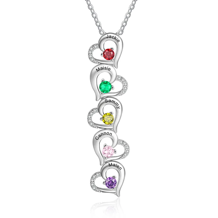 Personalized Heart Birthstone Necklace Custom 5 Names for Family