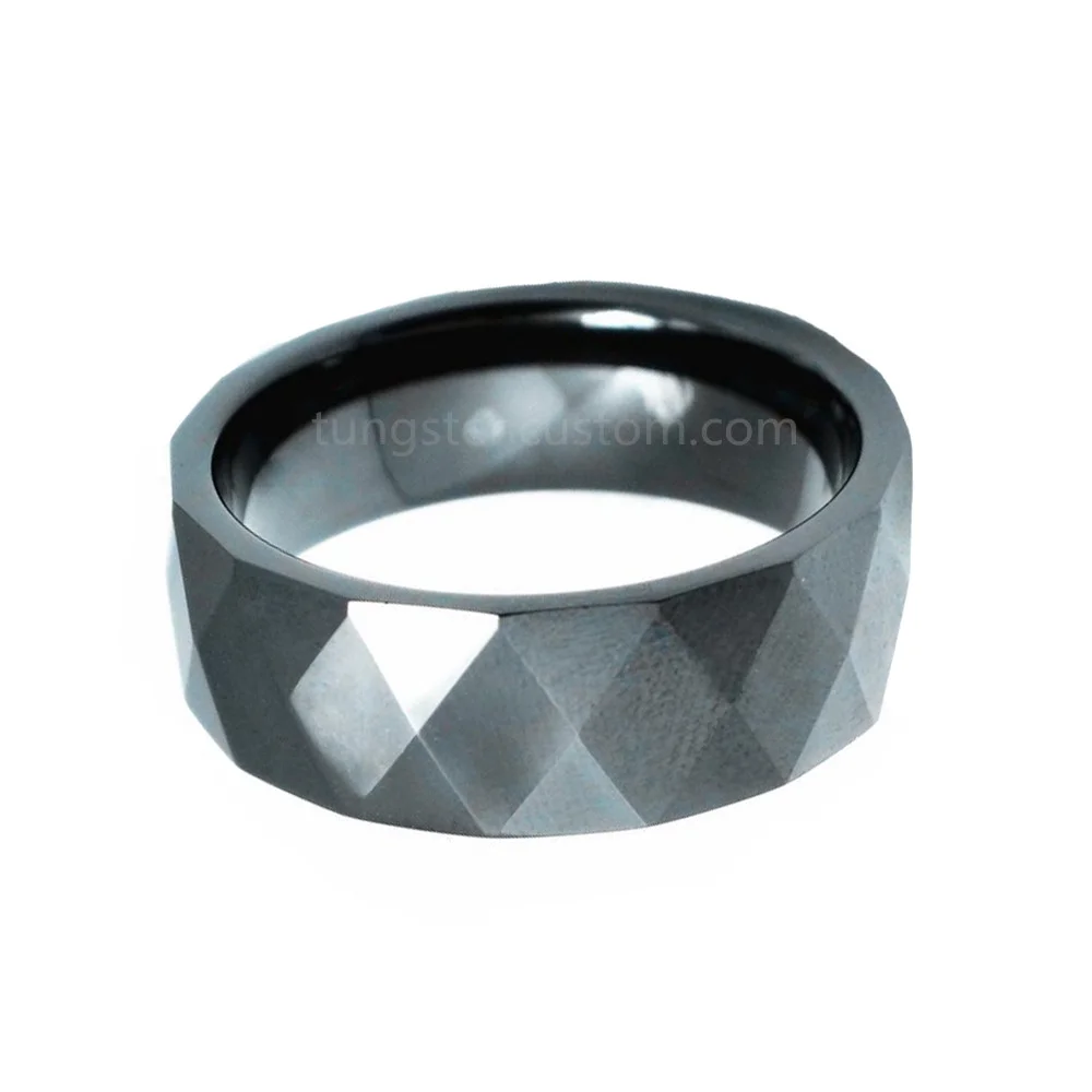 8MM Black Multi Faceted Tungsten Ring Mens Wedding Rings