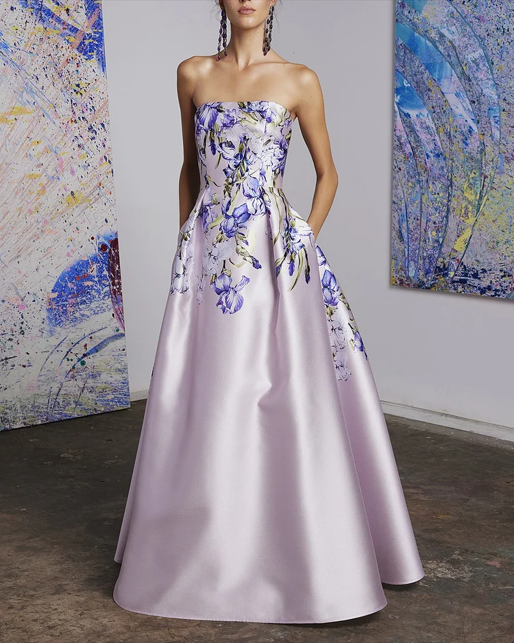 Women' Strapless Printed Satin Dress