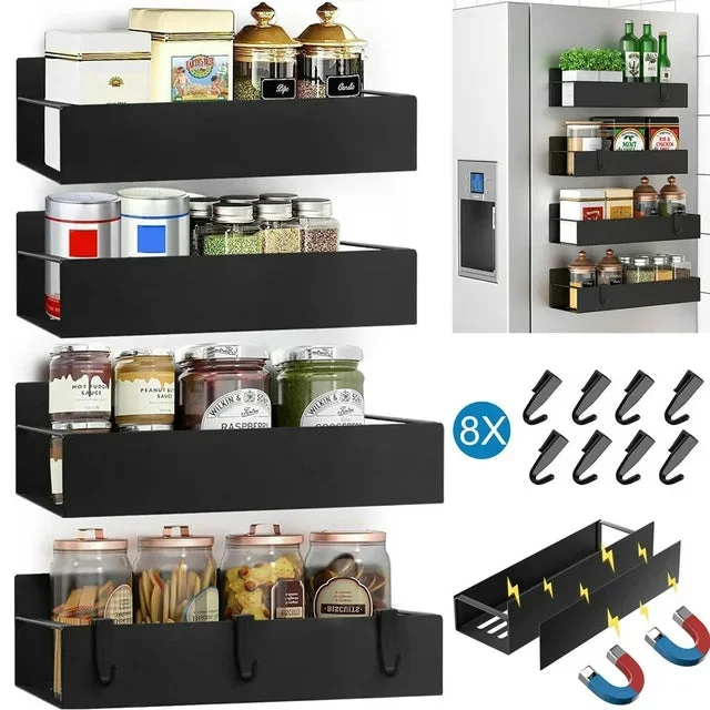 Magnetic Spice Rack for Refrigerator, 4 Pack Moveable Fridge Magnetic Spice Racks, Strong Metal Magnetic Shelves for Refrigerator