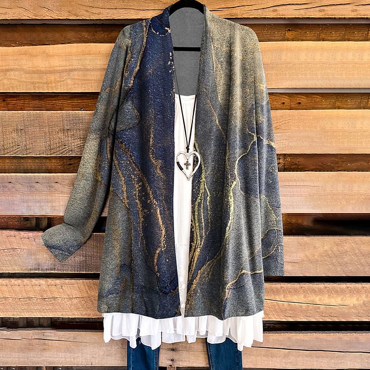 Vefave Casual Marble Print Long Sleeve Cardigan