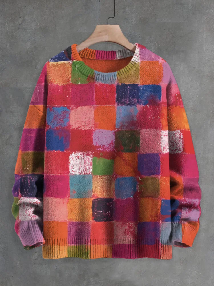 Women's Rainbow Colorblock Oil Painting Print Knit Sweatshirt