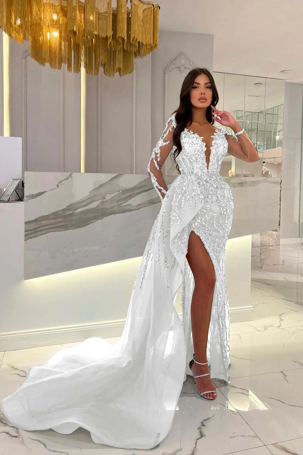 Daisda Shiny Blue Slit Mermaid Beaded Prom Dress Appliques Tulle With Long Sleeves