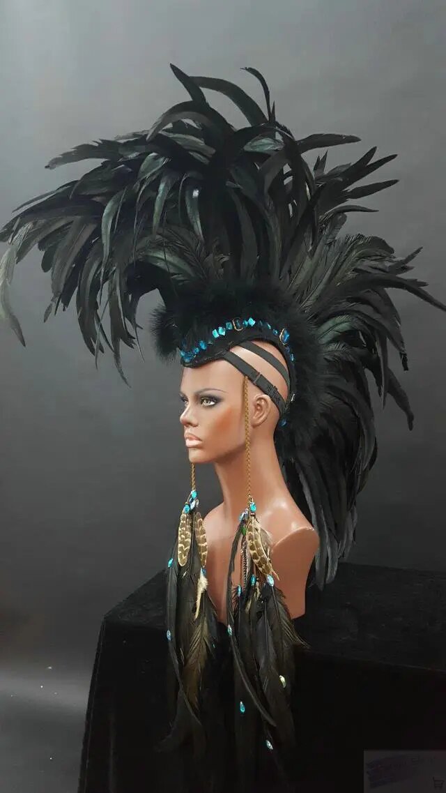 VCshoes Black Blue King Queen Unisex Cosplay Costumes Diamond Feather Headdress For Women Men Pageant Carnival Indian Headpieces