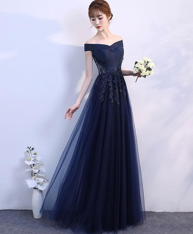 Simple Blue Off Shoulder Long Prom Dress, Blue Bridesmaid Dress
