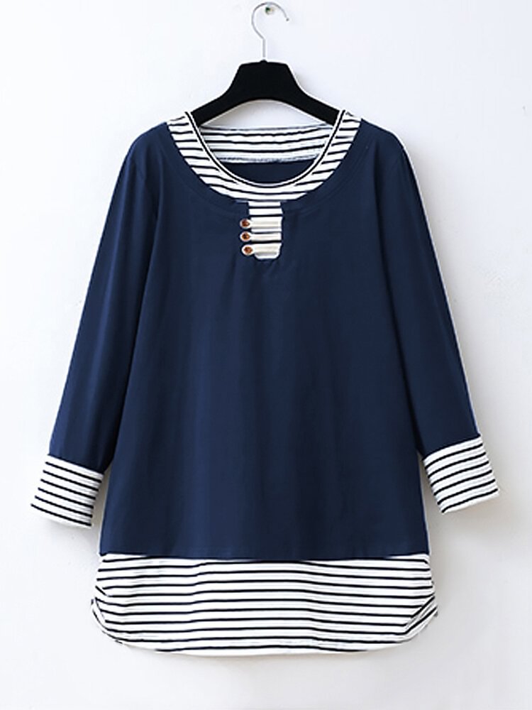 Stripe Patchwork Long Sleeve Casual Blouse For Women P1626979