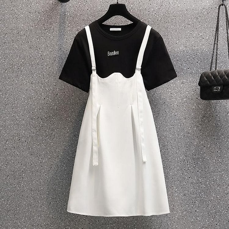 Black White Simple Casual Summer T-shirt Dress Set SP16281