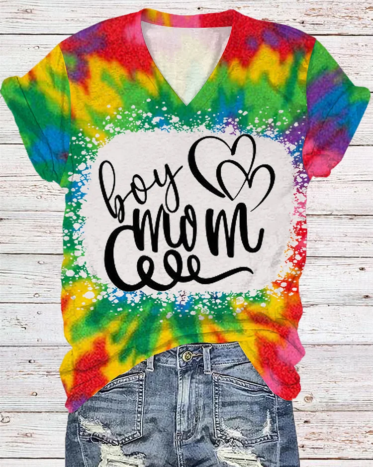 Boy Mom Hippe Tie Dye Print V Neck Short Sleeve T-shirt