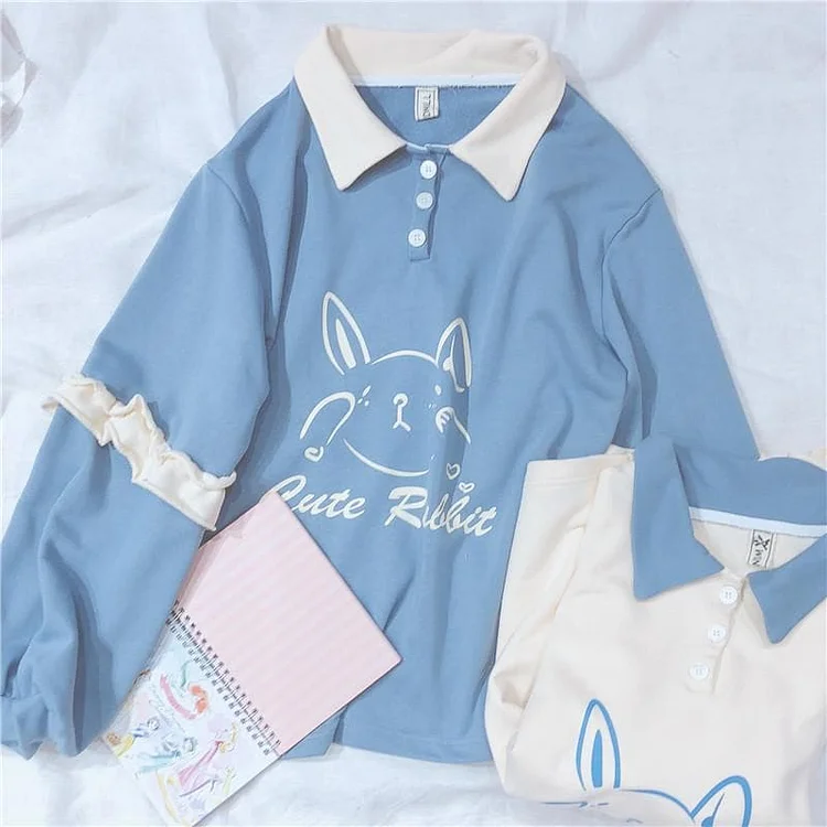 Blue/Beige Cute Rabbit Falbala Polo Shirt S12994