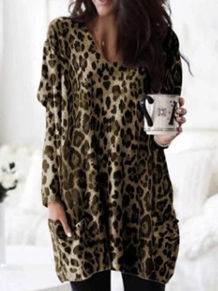 Casual Leopard Print Long Sleeve Overhead Loose T Shirt P1604143