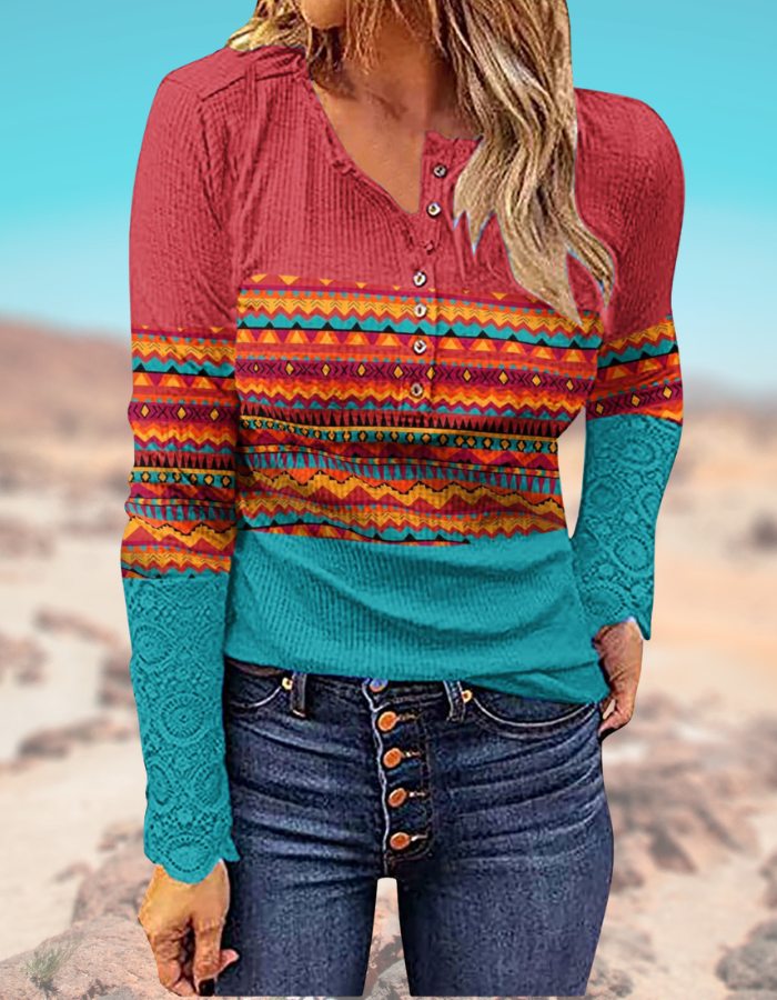 Womens T-Shirt Tribal Aztec Pattern Long Sleeve Top 8 Colors S-5XL