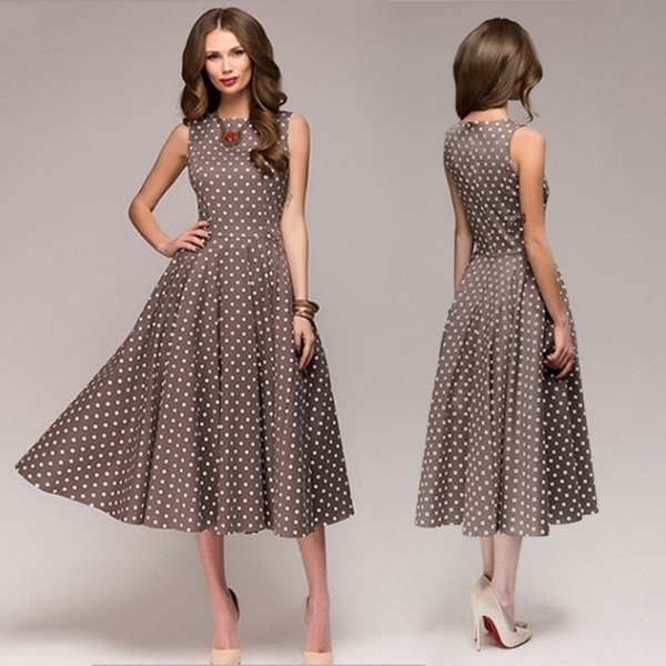 Vintage Polka Dot Swing Party Dresses Women Sleeveless O-neck Elegant Dress Casual Boho Midi Dress - BlackFridayBuys