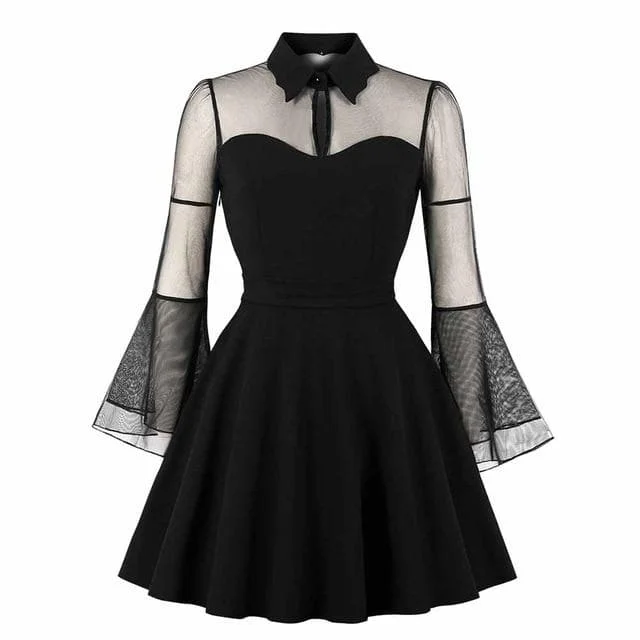 S-4XL Black/Wine See-Through Flare Sleeve Draped Elegant Dresses S13036