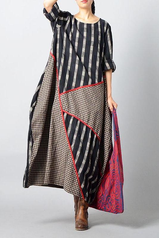 Plus Size  Irregular Print Spliced Casual 100% Linen A-line Skirt