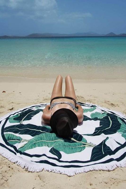 White Tropical Leaf Print Fringed Boho Roundie Beach Throw - Shop Trendy Women's Clothing | LoverChic