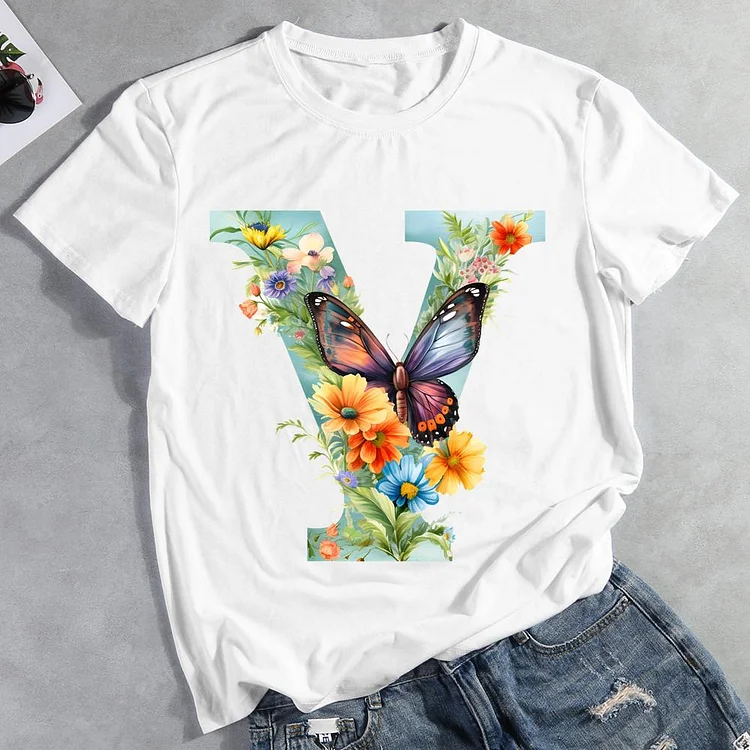 Butterfly Alphabet Y Round Neck T-shirt