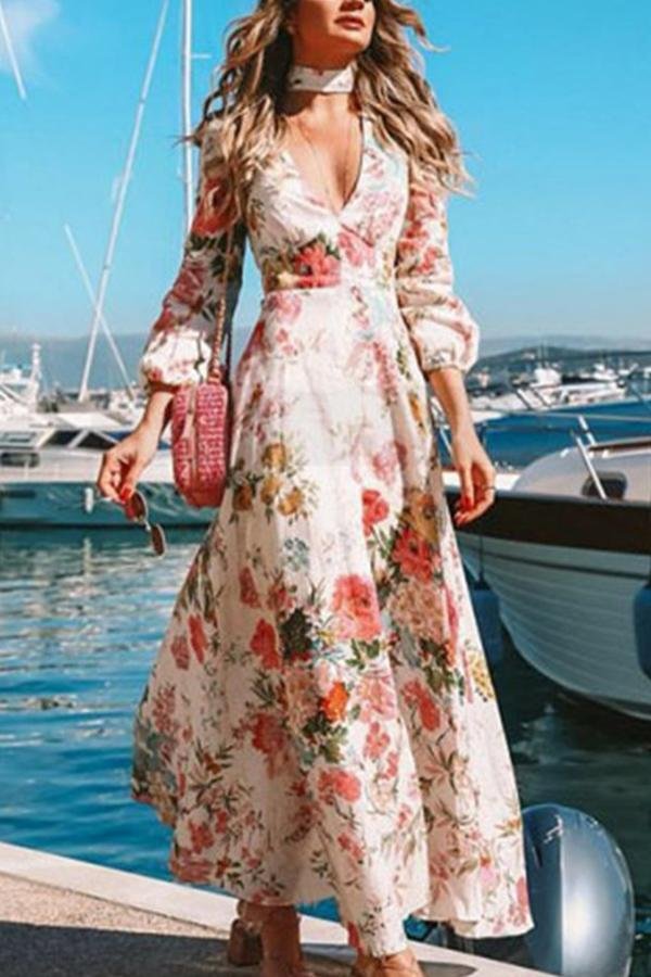 Deep V-neck Long Sleeve Printed Dress P11232