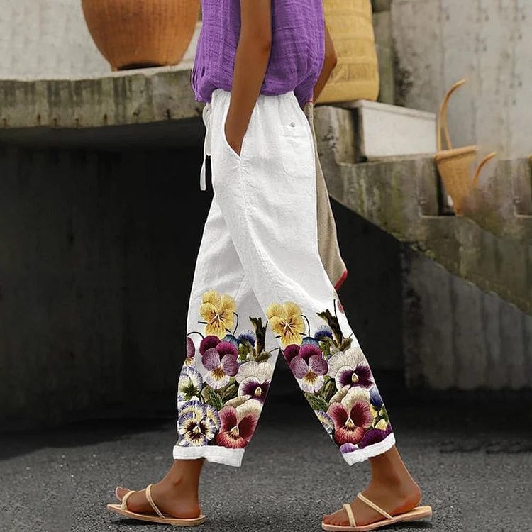Comstylish Vintage Classic Retro Purple Flower Linen Loose Cozy Pants