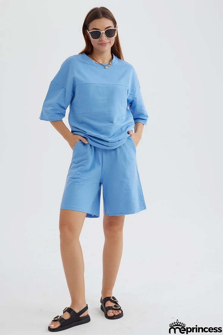 Solid Color Half Sleeve T-shirt Cotton Two-piece Shorts Set