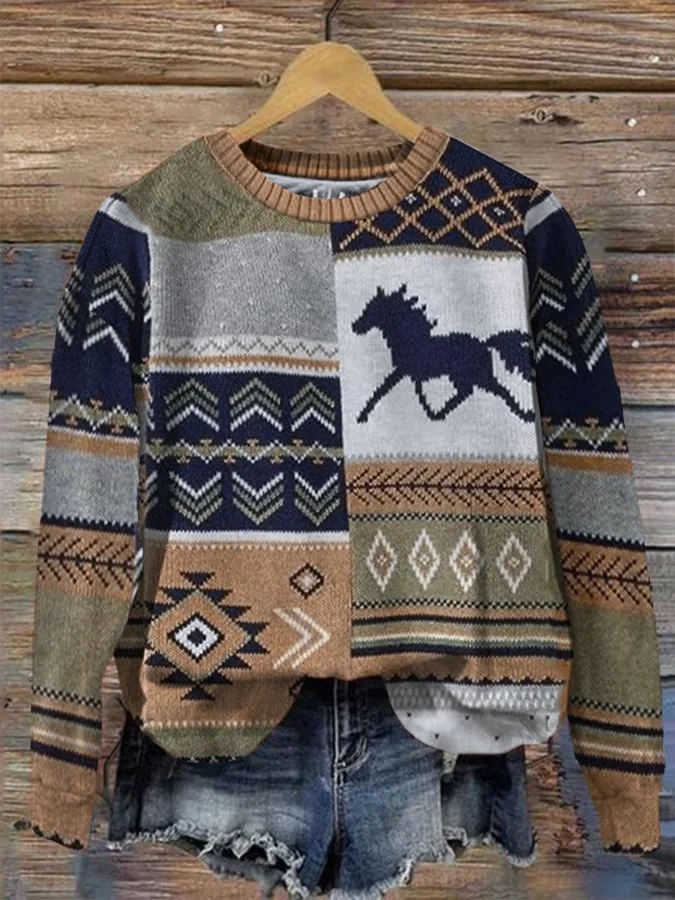 Women's Retro Horse Sweater Print Sweatshirt