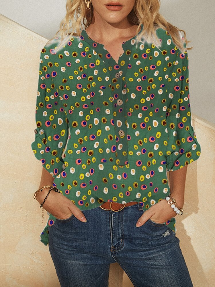 Multi color Dot Print V neck Long Sleeve Button Blouse P1849655