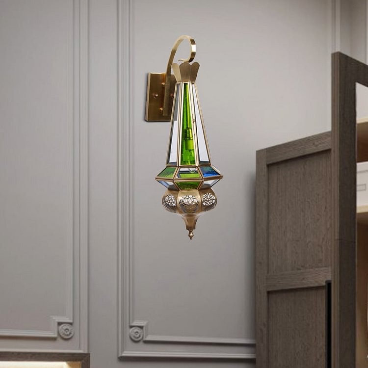 Brass Cone Wall Sconce Light Arab Metallic 1 Bulb Hallway Wall Mount Lamp Fixture with Colorful Glass Shade