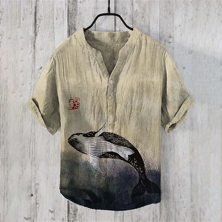 Comstylish Vintage Japanese Art Sea Whale Linen Blend Shirt