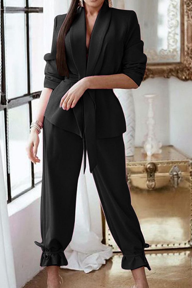 Casual Solid With Belt Turndown Collar Long Sleeve Two Piece(3 Colors) - Life is Beautiful for You - SheChoic