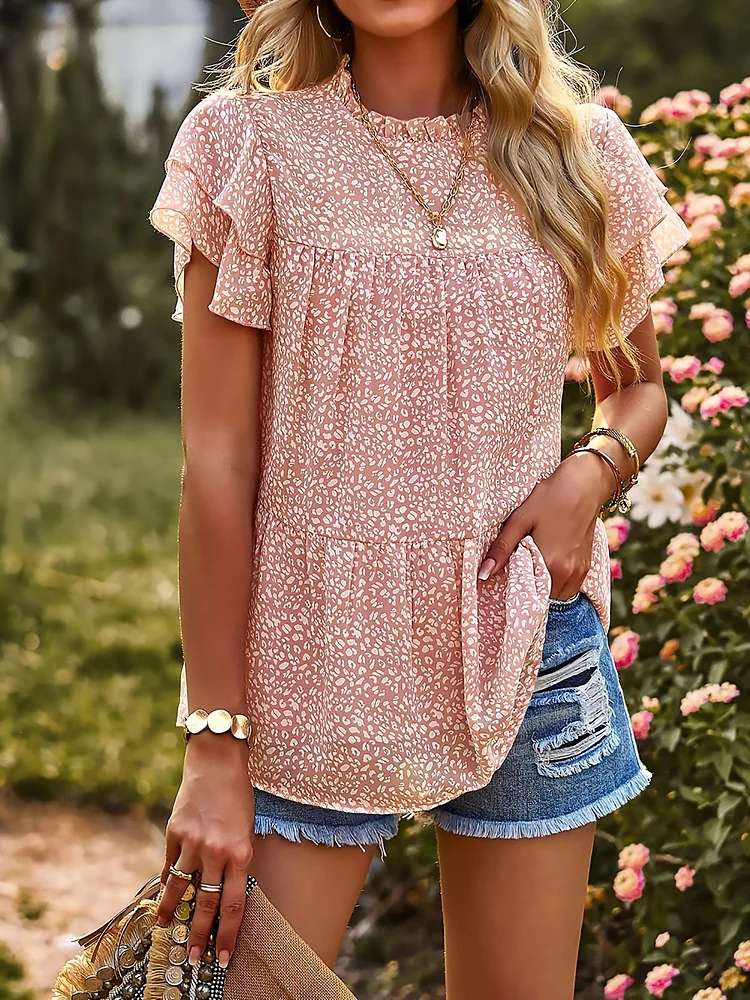 Floral Print Ruffle Layered Hem Blouse, Casual Short Sleeve Blouse For Spring & Summer, Women's Clothing