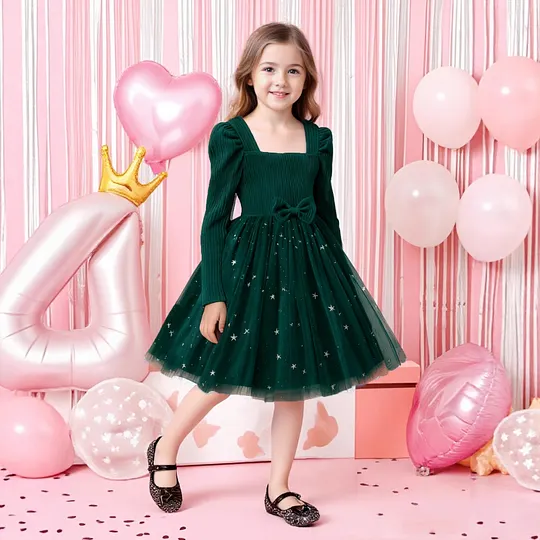 【2Y-7Y】Girls' Long Sleeve Patterned Mesh Patchwork A-Line Princess Dress With Bow Belt