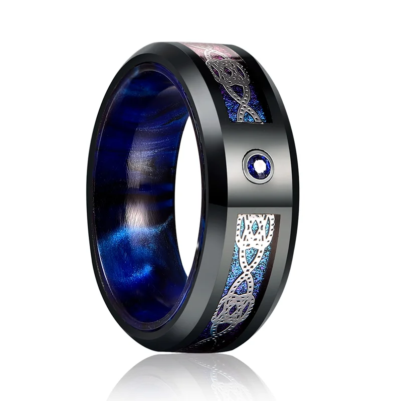 8mm Blue Celtic Tungsten Carbide Rings With Cubic Zirconia Inlay Men's Wedding Bands