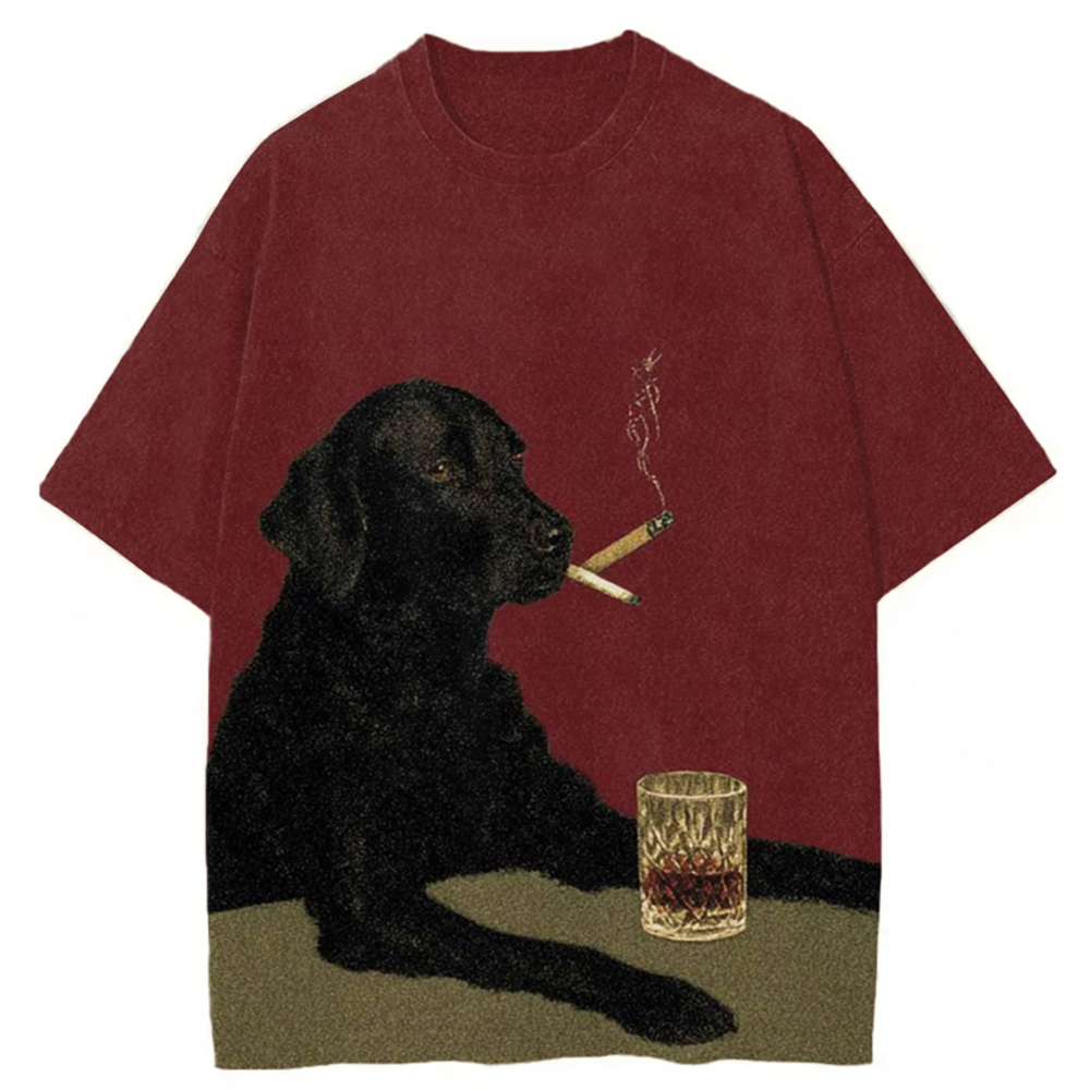 Tokyo-Mood Smoking Cool Black Dog With Cigarette And Whiskey Washed Unisex  T-Shirt