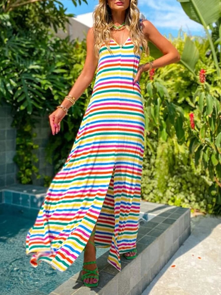 Fashion Casual Striped Split Joint V Neck A Line Dresses P11523