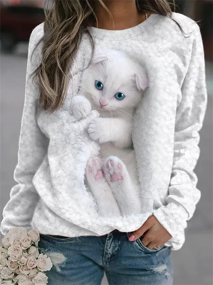 Spring and Summer Animals Loose Print Long Sleeve Round Neck Sweater White Blue Green Pink-Cosfine