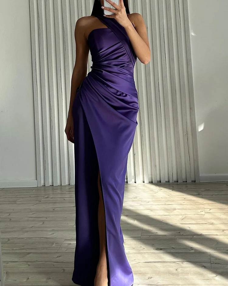 one shoulder solid color dress